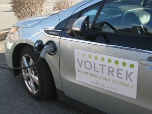 Picture of an electric car plugged into a charging station.