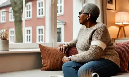 An AI-generated image of a woman sitting on her couch and looking out the window.