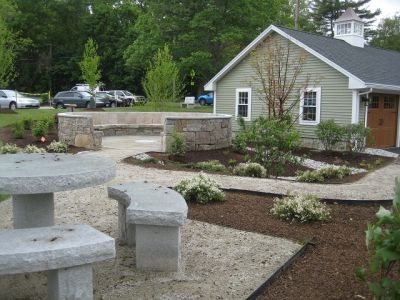 Photo of flowers, trees, benches and paths.