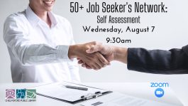 Two people shaking hands at the end of a successful interview. Text says: "50+ Job Seeker's Network: Self Assessment - Wednesday, August 7 at 9:30 am on Zoom"