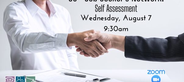 Two people shaking hands at the end of a successful interview. Text says: "50+ Job Seeker's Network: Self Assessment - Wednesday, August 7 at 9:30 am on Zoom"